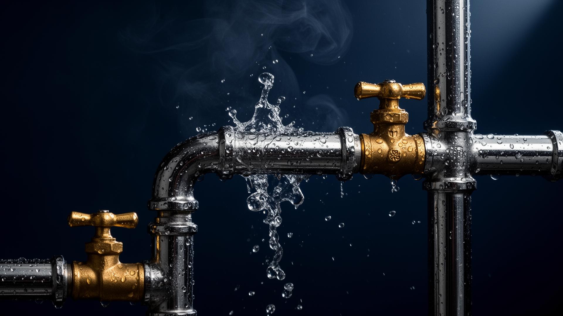 Chrome plumbing pipes with water splash